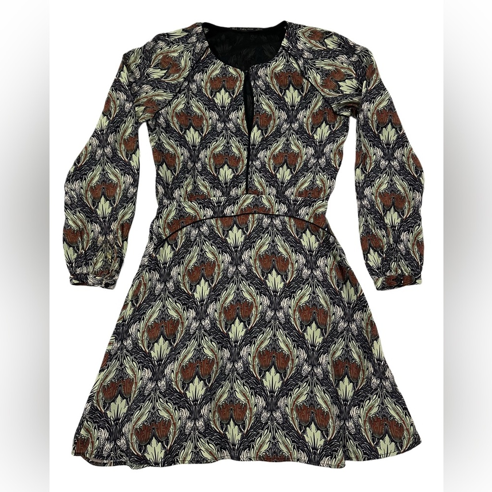 Zara Basic Mini Dress Boho Art Deco Floral Long Sleeve Fit Flare